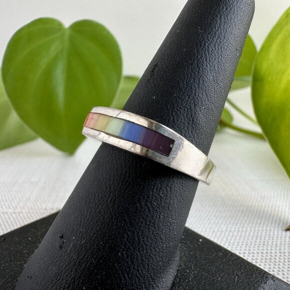 Sterling Silver Rainbow Inlay Band Ring Size 8 - Picture 3 of 7